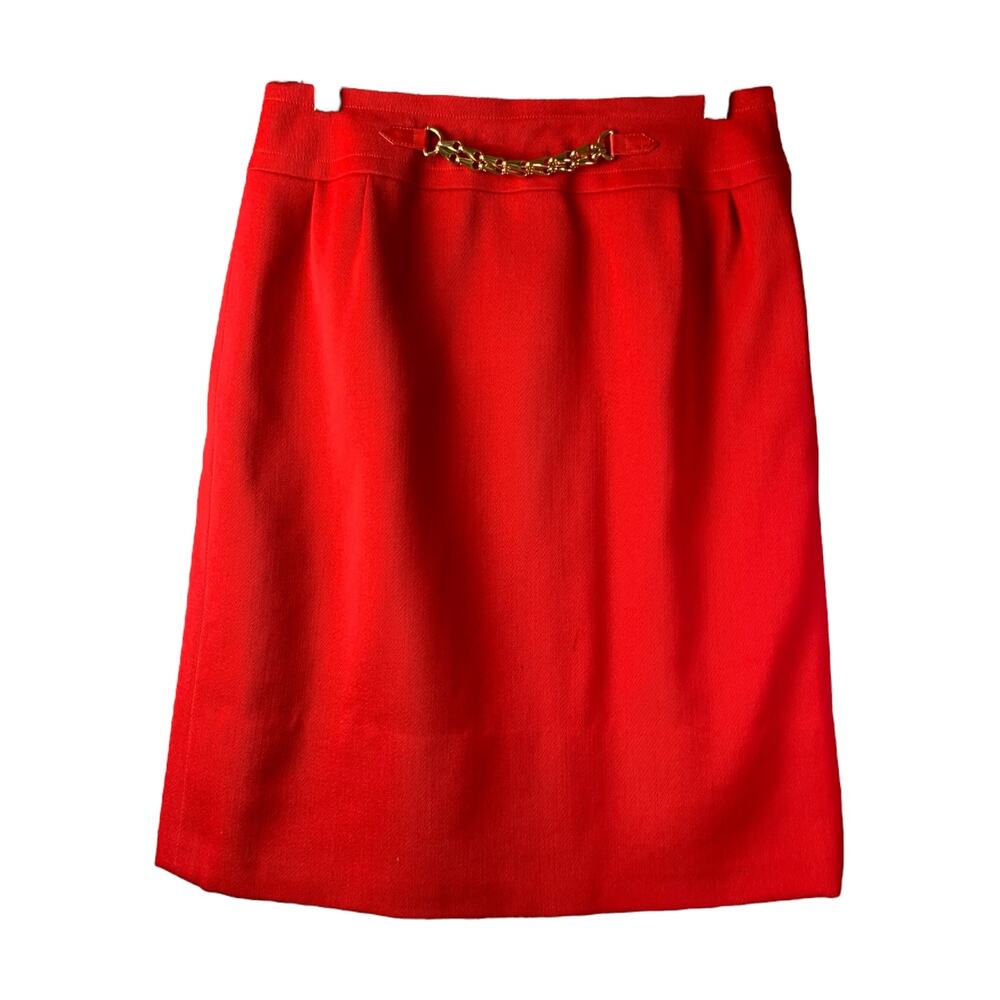 Celine Paris‎ Pencil Skirt Womens Size 42 Red 100% Wool Gold Chain 8" Side Zip